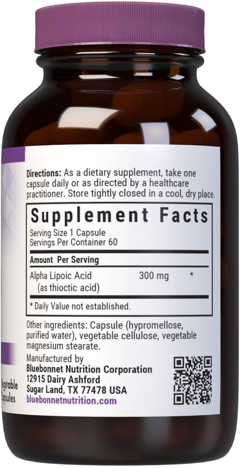 BlueBonnet Alpha Lipoic Acid 300mg, 60 Vegetable Capsules, Non-GMO, Vegan