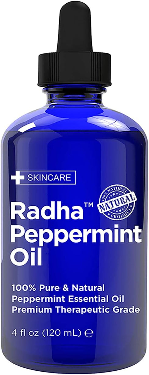 Radha Beauty Peppermint Essential Oil, 4 oz, 100% Pure & Therapeutic Grade, Fresh Minty Scent for Aromatherapy
