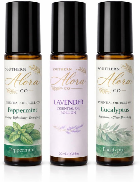 Southern Alora Essential Oils Roll On Set Peppermint, Lavender & Eucalyptus Aromatherapy