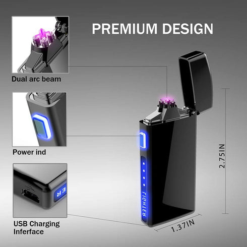 Dual Arc Plasma Lighter with LED Battery Indicator and Box, Rechargeable Windproof Flameless Electric Lighters for
