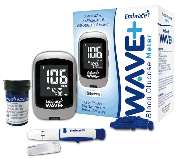 Embrace WAVE+ Bluetooth Diabetes Testing Kit - Blood Glucose Meter, 50 Test Strips, Lancing Device, Carrying Case