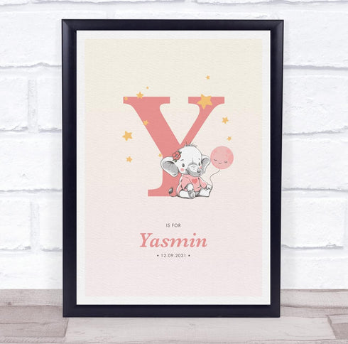 The Card Zoo Pink Baby Girl Elephant Initial Y Baby Birth Details Nursery Christening Print