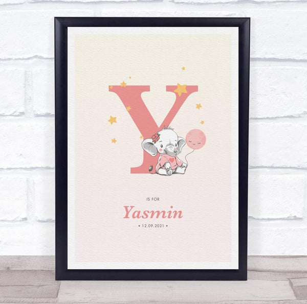 The Card Zoo Pink Baby Girl Elephant Initial Y Baby Birth Details Nursery Christening Print