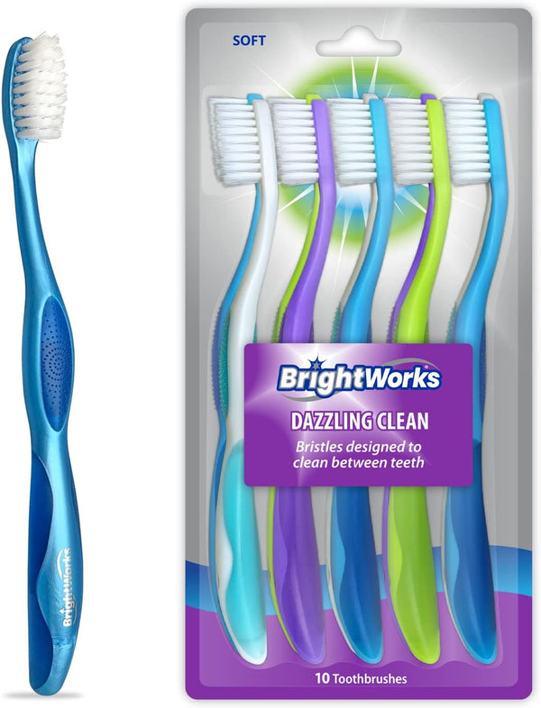 Dazzling Clean Manual Toothbrush, 10 Pack, Soft Bristles for Sensitive Teeth, Multiple Colors
