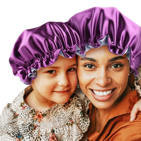 Mommy and Me Bonnet Set, Adjustable Satin Sleep Cap for Women and Baby, Toddler Curly Hair Cap (Purple/Blue)