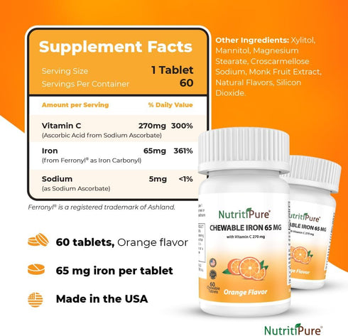 Chewable Iron 65 mg with Vitamin C 270 mg Supplement for Women/Men, 60 Days Supply, Zesty Orange Flavor (60 Count)