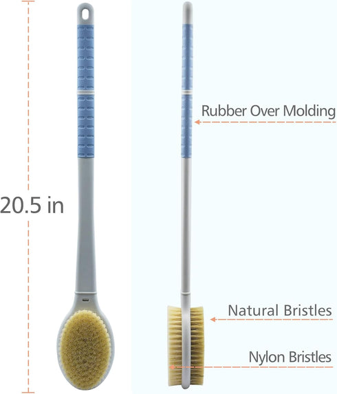 Shower Brush with Soft and Stiff Bristles, 20.5" Extra Long Handle Dual-Sided Back Scrubber Bath Brush