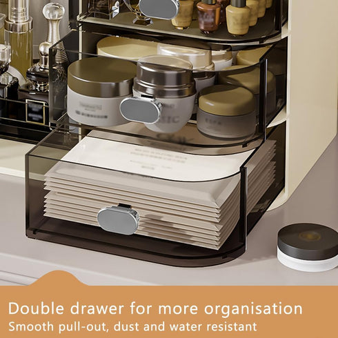 Transparently Black Cosmetics Display Case with Mirror, Large Capacity Makeup Storage Box with Drawers