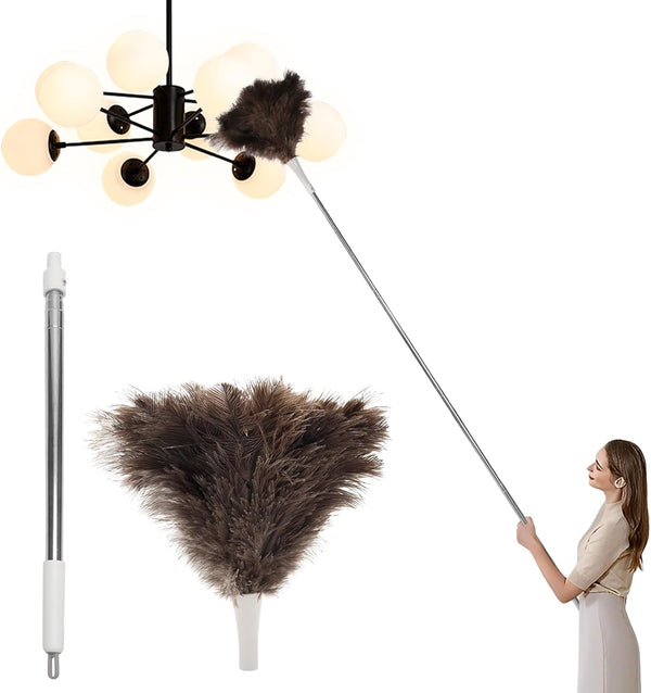 Ostrich Feather Duster Pole up to 72 Inch, Extendable Feather Duster for Home Cleaning Ceilings, Furniture, and Fans