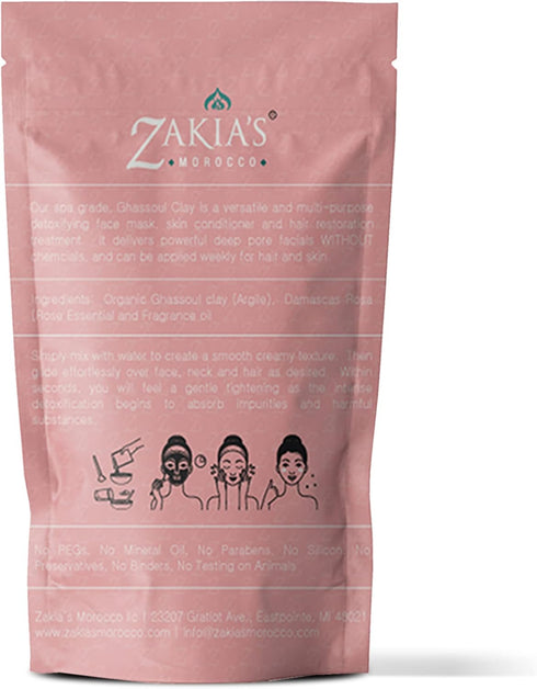 Zakia's Morocco Rose Scented Rhassoul Clay Mask - Organic Anti-aging Facial Treatment (8 Oz)