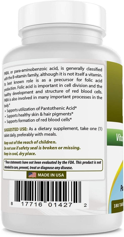 Best Naturals PABA 500 mg, 180 Tablets