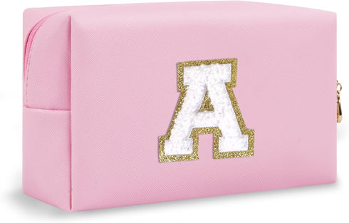 Personalized Initial Preppy Patch Makeup Bag, Small Pink Cosmetic Pouch with Zipper for Women, Monogram Waterproof
