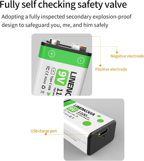 LINENGXIA 9V 1100mAh (2-Pack 1200 (9V) Lithium Rechargeable Batteries Green) with Type-C Cable | Life Cycles |