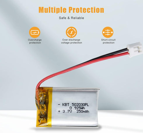 KBT 3.7V 250mAh Li-Polymer Battery: 502030 Lipo Rechargeable Lithium-ion with PH2.0 2Pin JST Connector