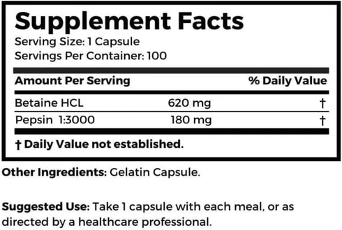 Dr. Clark Betaine HCL Supplement with Pepsin, 800mg, 100 Capsules