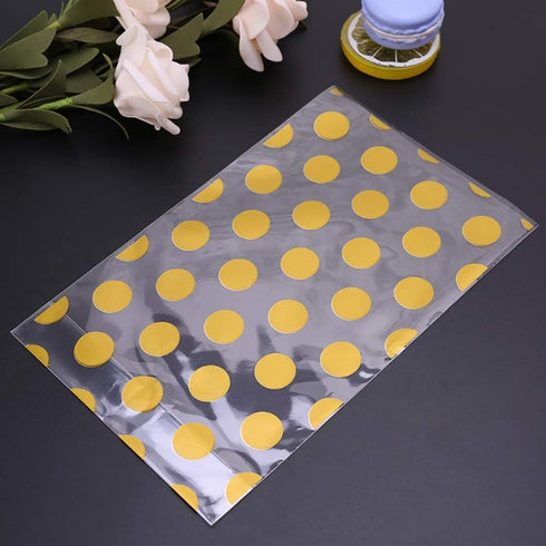 JHere 100 Pack 100Pcs 5.1'' 8.2'' 1.5'' Gold Polka Dot Candy Bags with Gold Metallic Twist Ties, Clear Plastic Treat