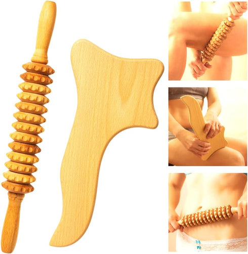 Neck Massager Roller Stick and Gua Sha - Wooden Foam Roller Massage Tools for Relaxation, Pain Relief, and Improved