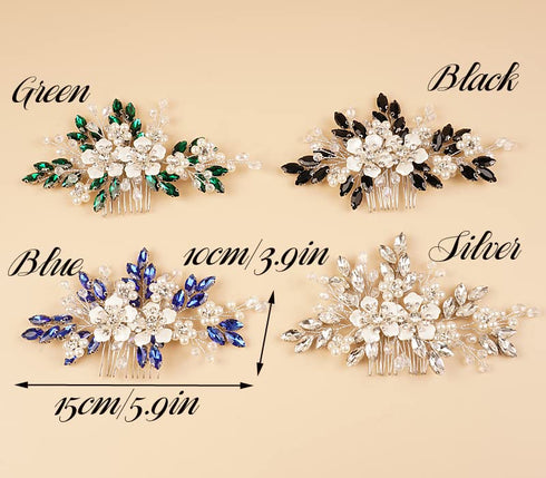Silver Flower Blue Rhinestones Beads Hair Comb for Women Girls, Wedding Bridal Hair Piece Jewelry