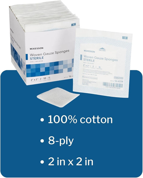 McKesson 8-Ply Sterile Gauze Sponges, 2" x 2", 50 Packs Total 100 Sterile Sponges
