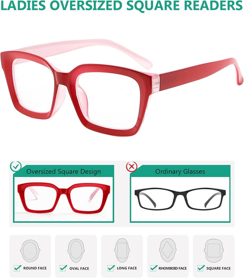 Eyekepper Ladies Reading Glasses, Oversized Square Design Readers for Women in Red