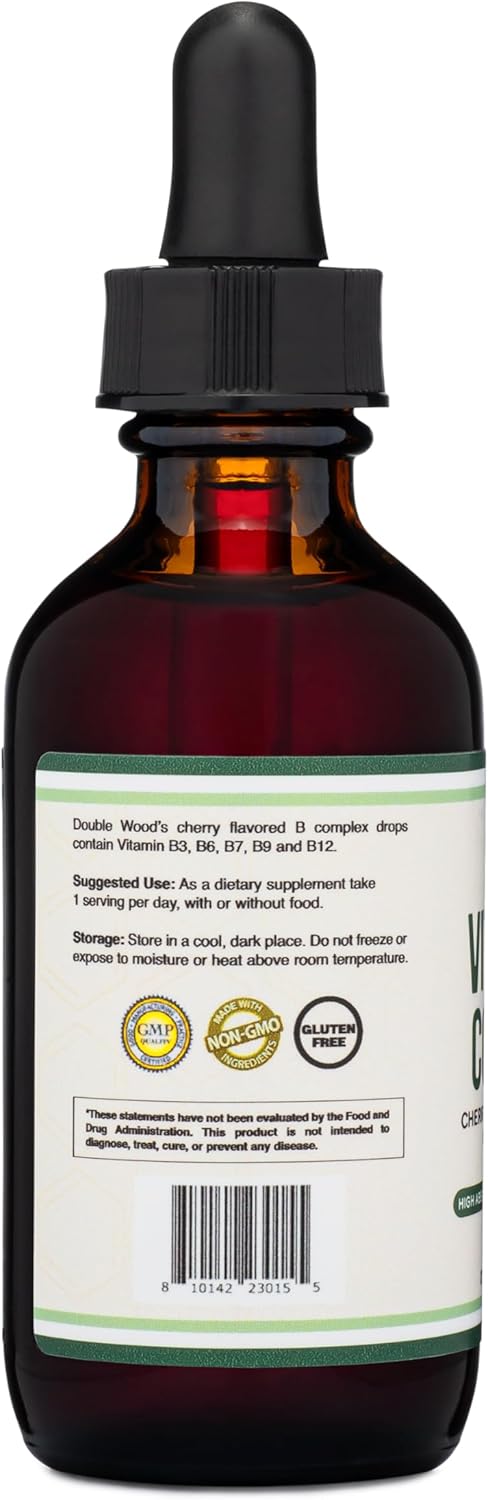 Double Wood Supplements Liquid Vitamin B Complex - 2 FL OZ Cherry Flavor, 2 Month Supply for Max Absorption