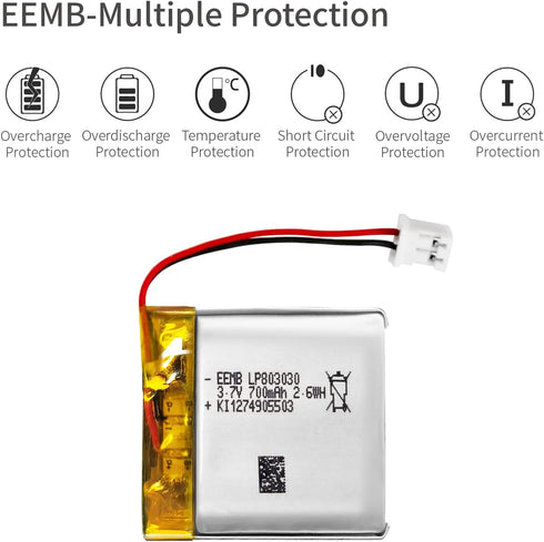 EEMB 3.7V 700mAh 803030 Lipo Lithium Polymer Battery Pack with Wire JST Connector for Speaker and Wireless Device