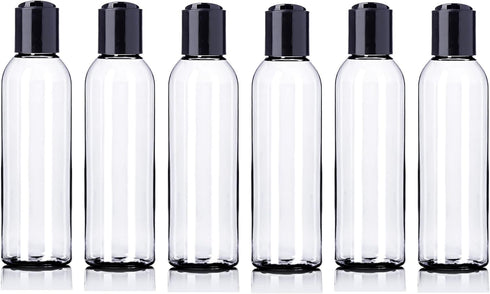 ljdeals 4 oz Clear Plastic Bottles with Black Disc Top Caps, Pack of 6, Refillable Containers for Shampoo, Lotions, BPA