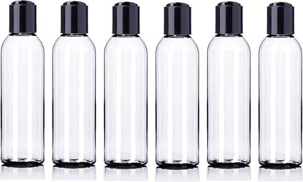 ljdeals 4 oz Clear Plastic Bottles with Black Disc Top Caps, Pack of 6, Refillable Containers for Shampoo, Lotions, BPA