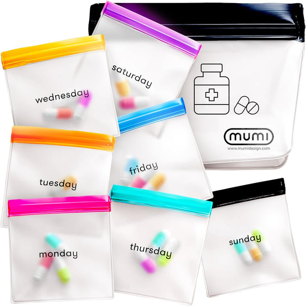 mumi Travel Pill Organizer Set, 7 Mini Zipper Pouches for Pills, Reusable Pocket Pill Bags for Medicine Travel
