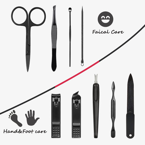 Manicure Set 9 in 1 Stainless Steel - Nail Clippers, Scissors, Pedicure Tools Kit with Black/Red Leather Case