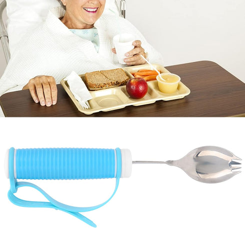 Adaptive Utensils, 2 in 1 Spoons Forks, Stainless Steel Flatware with Adjustable Strap for Elderly Independent Eating