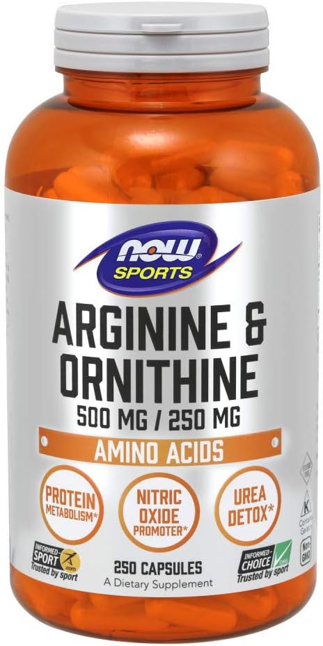 NOW Sports Nutrition Arginine & Ornithine - 250 Veg Capsules - 500/250 mg Amino Acids