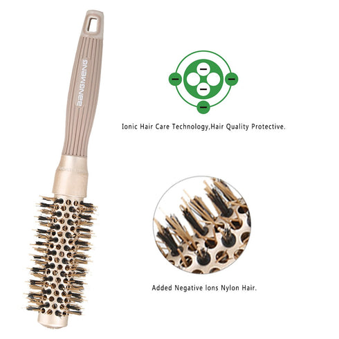 Round Brush with Boar Bristles - 1 inch Barrel, Nano Thermal Ceramic Ionic Tech for Straightening, Gold