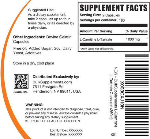 BulkSupplements.com L-Carnitine L-Tartrate Capsules - 1000mg Carnitine Supplement, Gluten Free - 360 Capsules