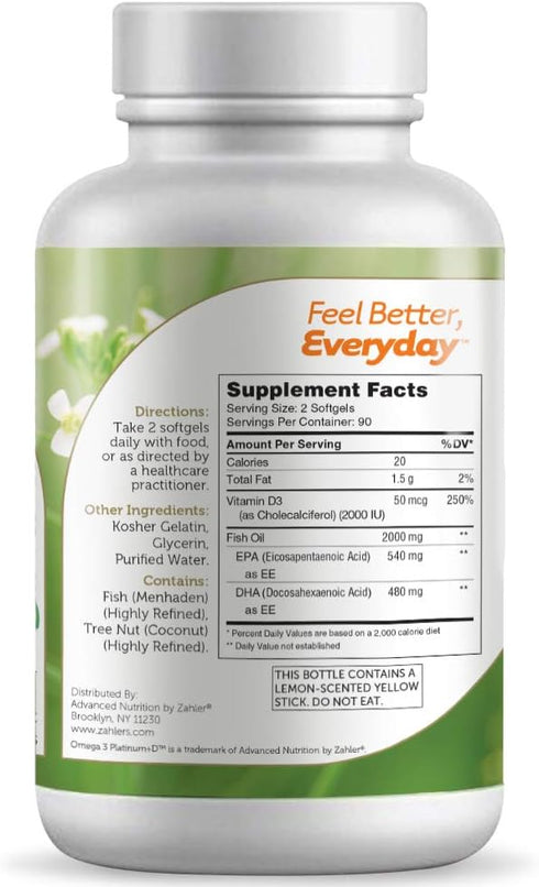 Zahler Omega 3 Platinum +D, All-Natural Fish Oil Supplement, Burpless Softgel, 90 Softgels