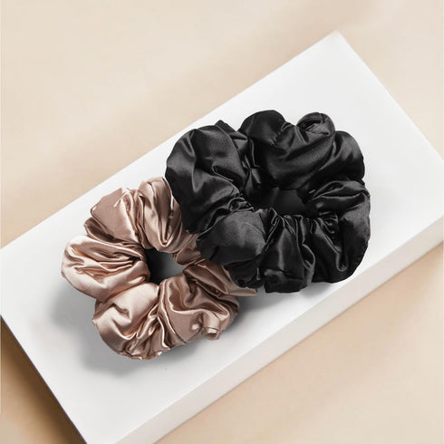 Kitsch Satin Hair Scrunchies for Women - 2 pcs (Black/Gold) - Softer Than Silk