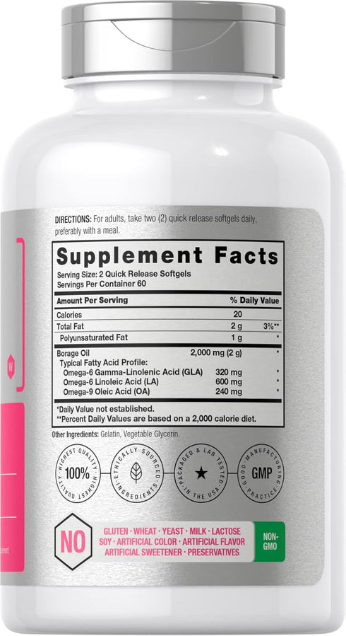 Horbaeach Borage Oil Capsules 2000 mg | 120 Softgels | 320mg of GLA | Cold Pressed Seed Oil Supplement