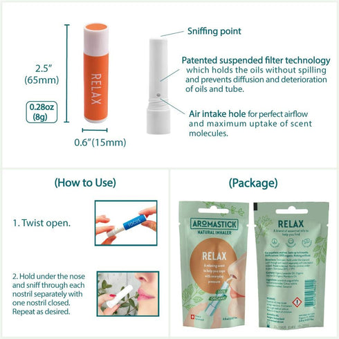Aromatherapy Nasal Inhaler, Swiss Made Organic Essential Oils Diffuser Stick, 3 Count Stress Relieving Pack