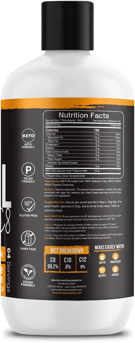 Intentionally Bare Pure C8 MCT Oil Organic - Brain Octane C8 MCT Oil for Keto and Vegan Diet