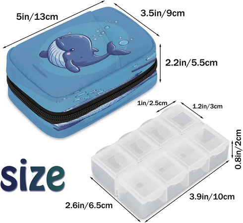 Honeybaby Cute Blue Whale Pill Case Bag Portable Weekly Pill Organizer Travel Pill Organizer Case Bag with Zipper