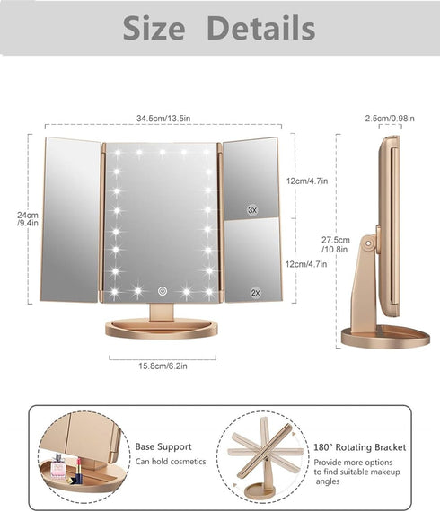 Tri-fold Lighted Vanity Makeup Mirror, 21 LEDs, 3x/2x/1x Magnification, Touch Screen, 180 Degree Rotation (Gold)