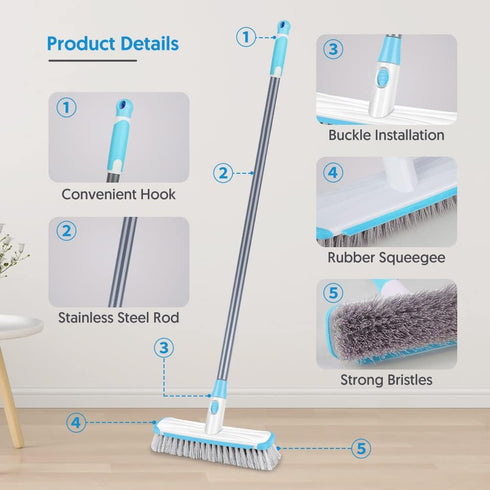 Scrub Brush Floor Brush with Long Handle, 2 in 1 Deck Brush Floor Scrubber for Bathroom, Kitchen, Tub, Carpet