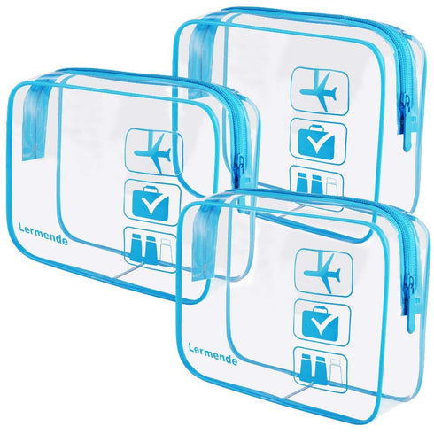 Lermende 2pcs Clear Toiletry Bag TSA Approved Travel Bag for Airport Airline Accessories (Blue, 3 Pack)