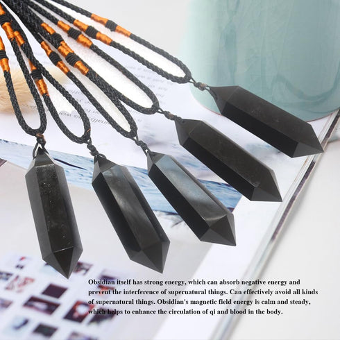 Runyangshi Black Obsidian Healing Crystal Pendants, Double Pointed Natural Crystal Quartz Necklace, Chakra Crystal Wand