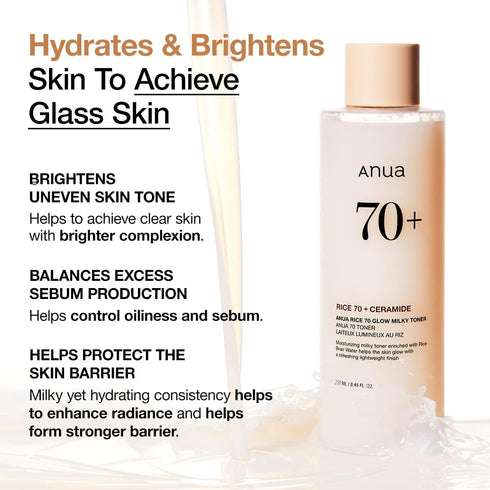 ANUA RICE 70 GLOW MILKY TONER - for Glass Skin & Brightening with Rice Water, Niacinamide, Ceramides 250ml/8.45fl.oz.
