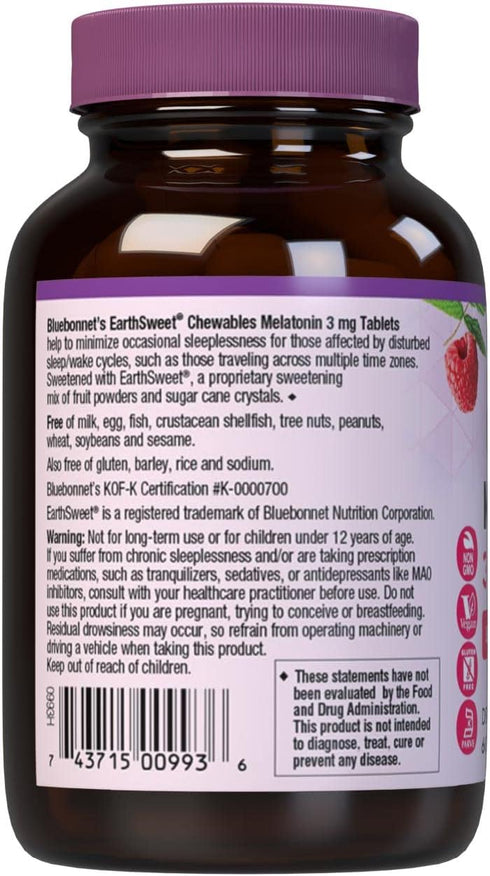 Bluebonnet Nutrition EarthSweet Melatonin 3 mg Sleep Aid, 60 Chewable Tablets, Raspberry Flavor