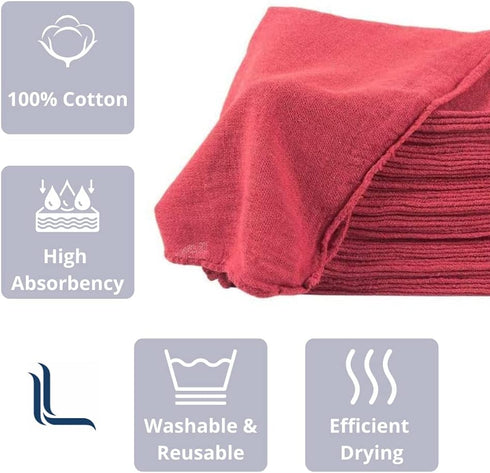 Linteum Textile 50 Pack Shop Towels - Red, 12"x14", 100% Cotton Bulk Rags for Cleaning