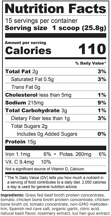 Ancient Nutrition Bone Broth Protein Powder, Tomato Basil, Grass-Fed Chicken and Beef, 15g Protein, 15 Servings