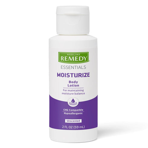 Medline Remedy Essentials Moisturizing Body Lotion, Unscented, Travel-Size, 2 oz Bottle, Non-Greasy, Hypoallergenic