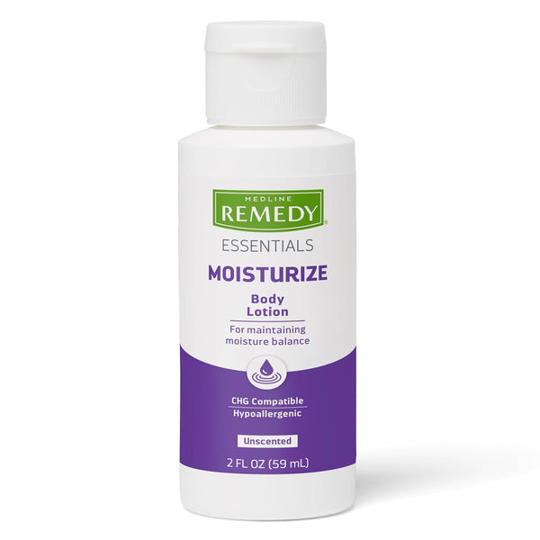 Medline Remedy Essentials Moisturizing Body Lotion, Unscented, Travel-Size, 2 oz Bottle, Non-Greasy, Hypoallergenic